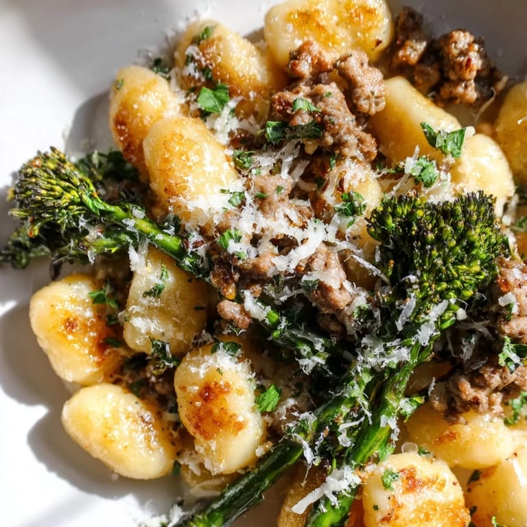 A rustic, family-style Sheet Pan Gnocchi Bake with charred broccolini and melted Parmesan, ready to serve.