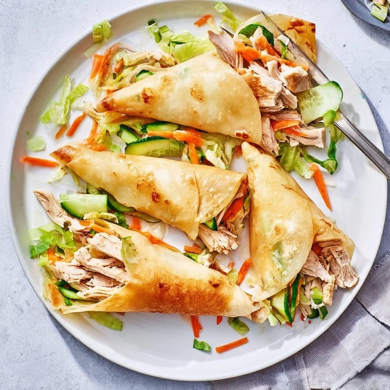 A close-up view of garlicky pulled chicken wraps, showcasing vibrant julienned carrots and cucumbers tucked inside the delicate, pan-fried rolls.