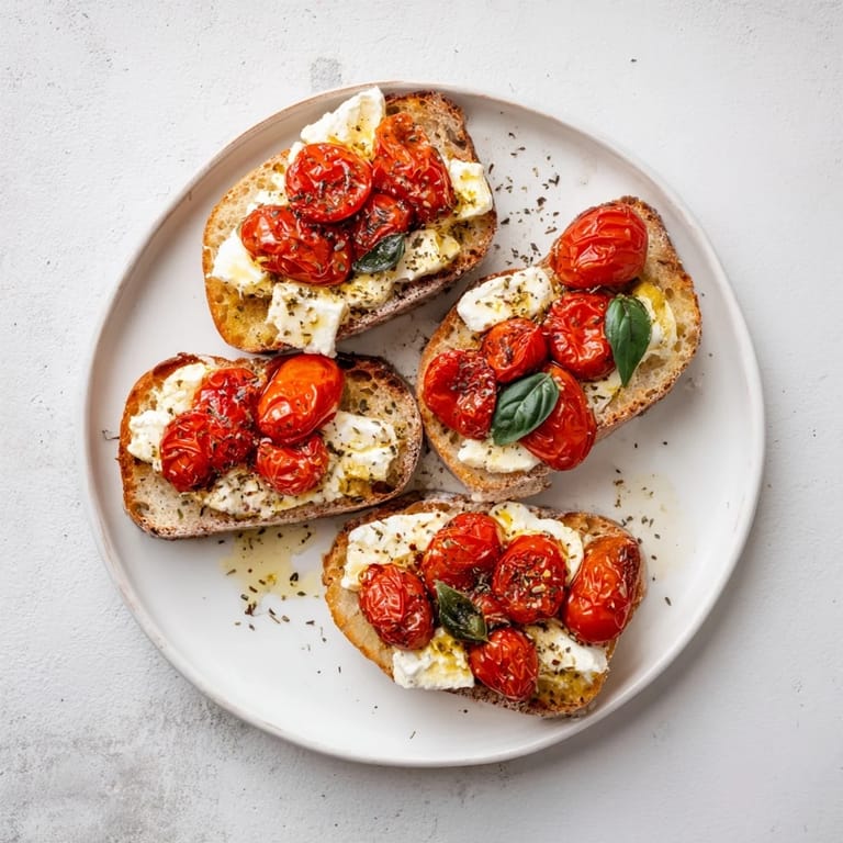 Roasted cherry tomatoes and creamy feta cheese baked onto crusty bread, finished with fragrant basil for a light meal.