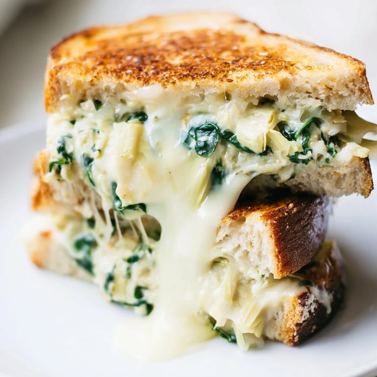 Close-up of a toasted Spinach Artichoke Grilled Cheese, showing the vibrant green filling and gooey cheese pull.
