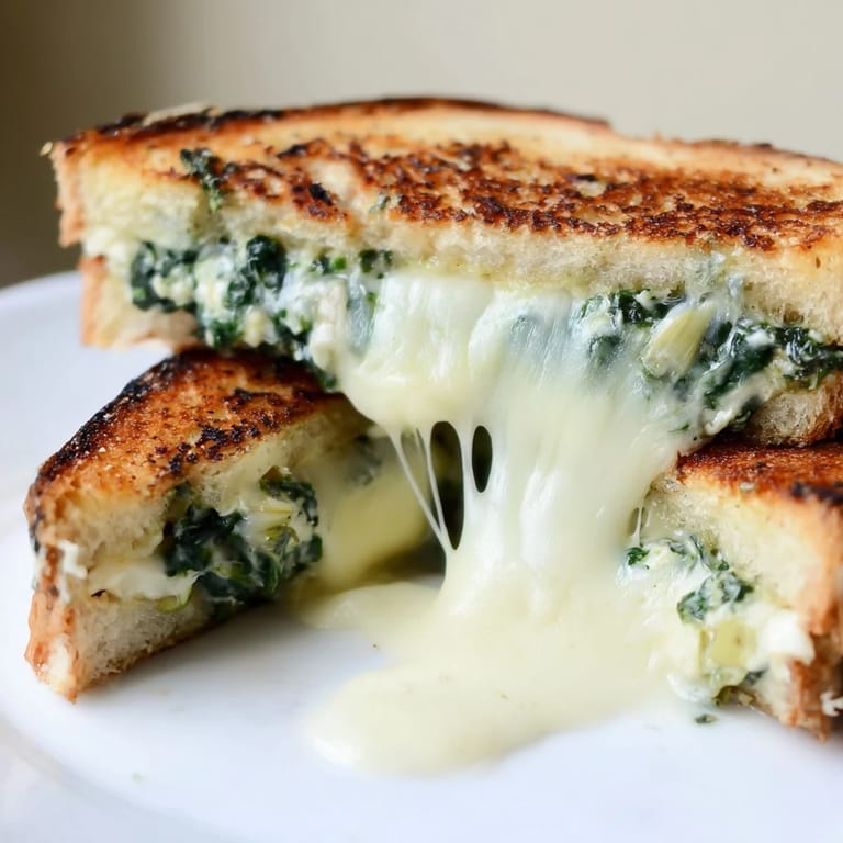 Spinach Artichoke Grilled Cheese on a white plate, served with a bowl of tomato soup for dipping.  