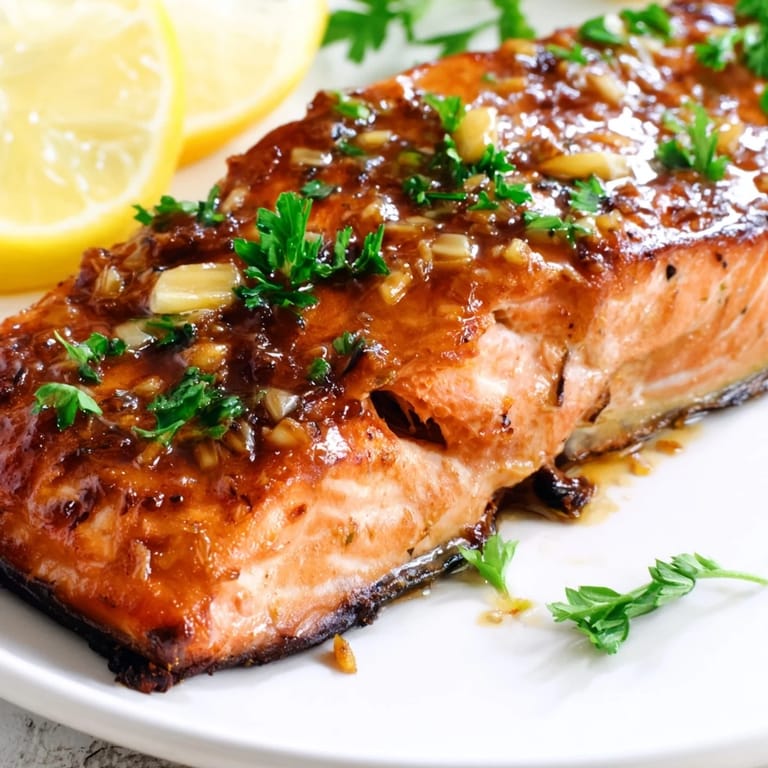 Savory honey garlic glazed salmon served hot with steamed rice and roasted vegetables, creating an easy and elegant weeknight dinner.