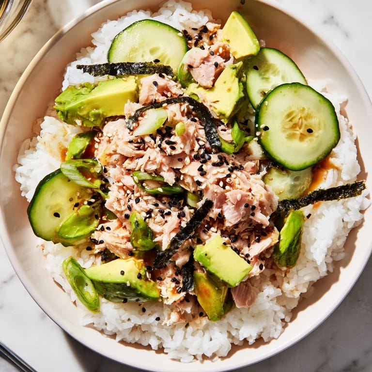 Serving suggestion for a quick Tuna Avocado Rice Bowl, featuring creamy avocado chunks and tender tuna mixed with crisp vegetables over warm rice.