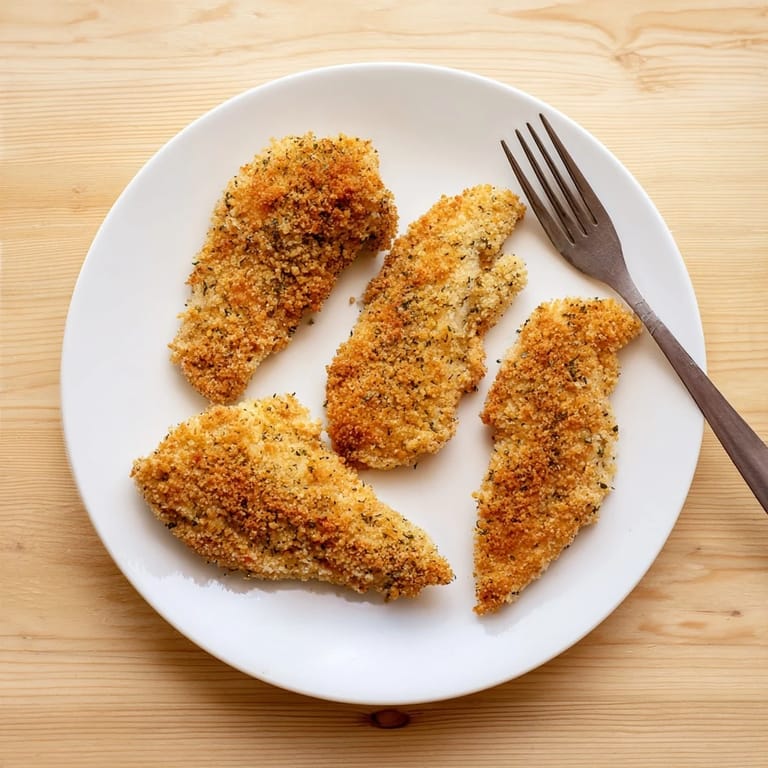 Upright photo of crunchy Crispy Panko Chicken Strips served with creamy honey mustard drizzle.  