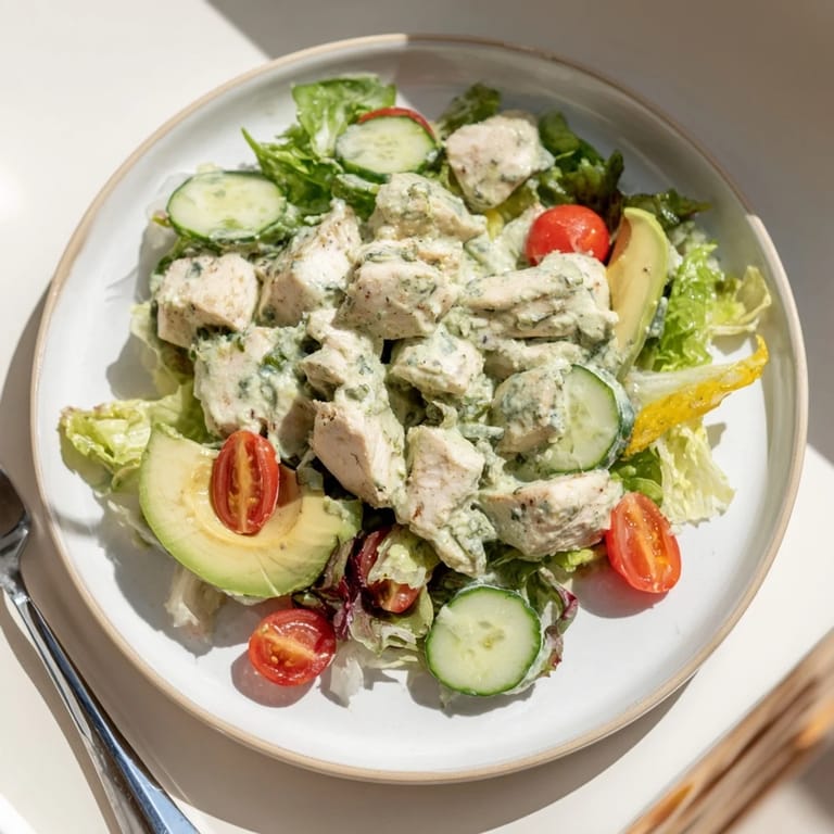 A close-up of Green Goddess Chicken Salad, featuring sliced avocado and herbs atop a vibrant bed of crisp romaine and arugula.