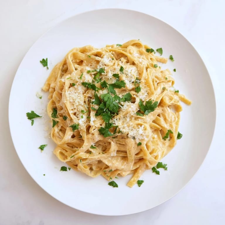 Hearty plate of Sriracha Honey Pasta with fettuccine tossed in a creamy, garlicky sauce, topped with parmesan and red pepper flakes.  
