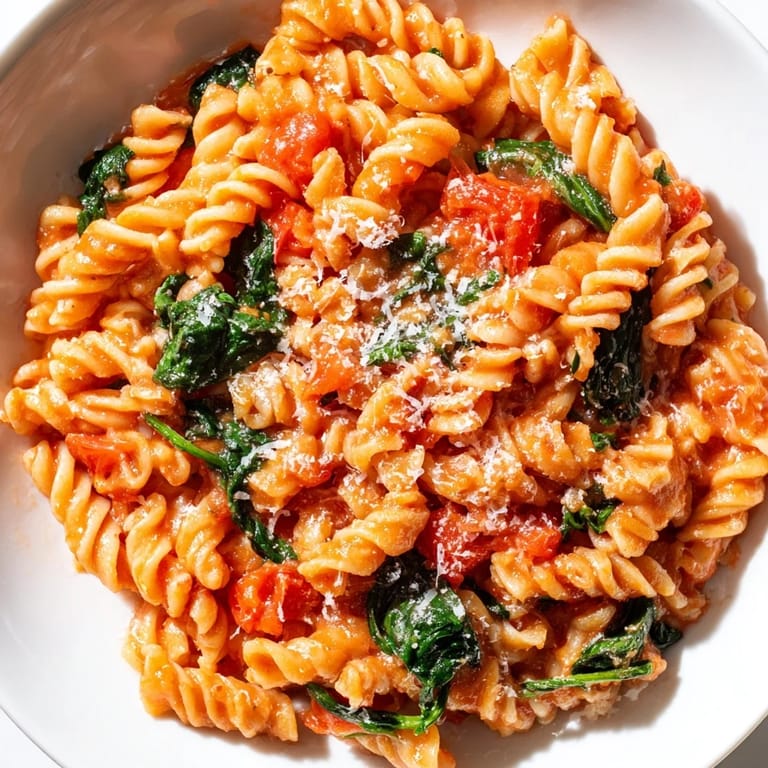 Close-up of Tomato Spinach One-Pot Rotini, featuring al dente pasta with vibrant red tomatoes and green spinach, garnished with parmesan.