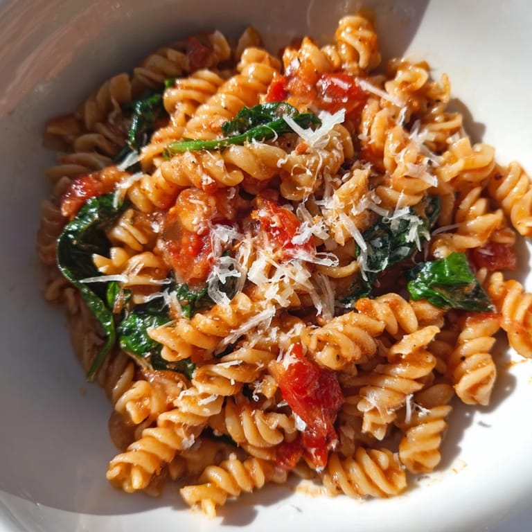 A single pot of Tomato Spinach One-Pot Rotini, served hot and ready to eat, perfect for a quick weeknight dinner.