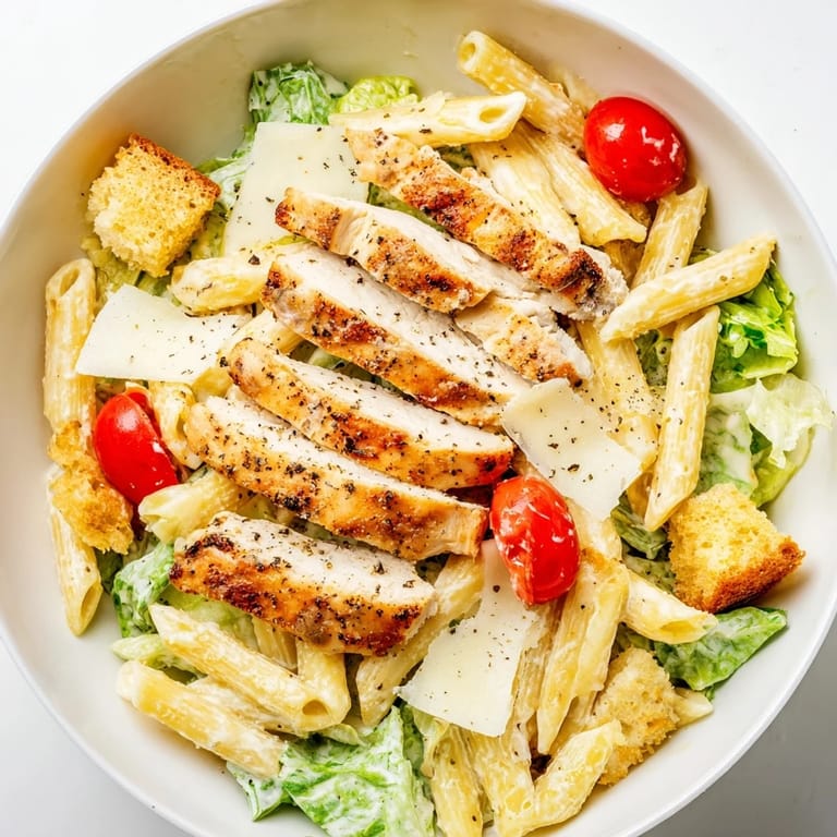 Tender grilled chicken rests on Caesar Pasta Chicken Bowl pasta with romaine, croutons, and Parmesan.