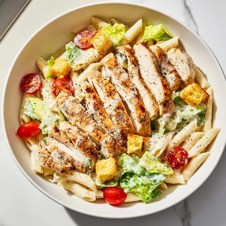Sliced grilled chicken tops a colorful Caesar Pasta Chicken Bowl with pasta, tomatoes, and creamy dressing.