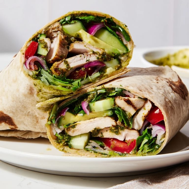 Juicy chimichurri-marinated chicken wrapped with tomato, cucumber, and red onion for a vibrant, satisfying lunch. 