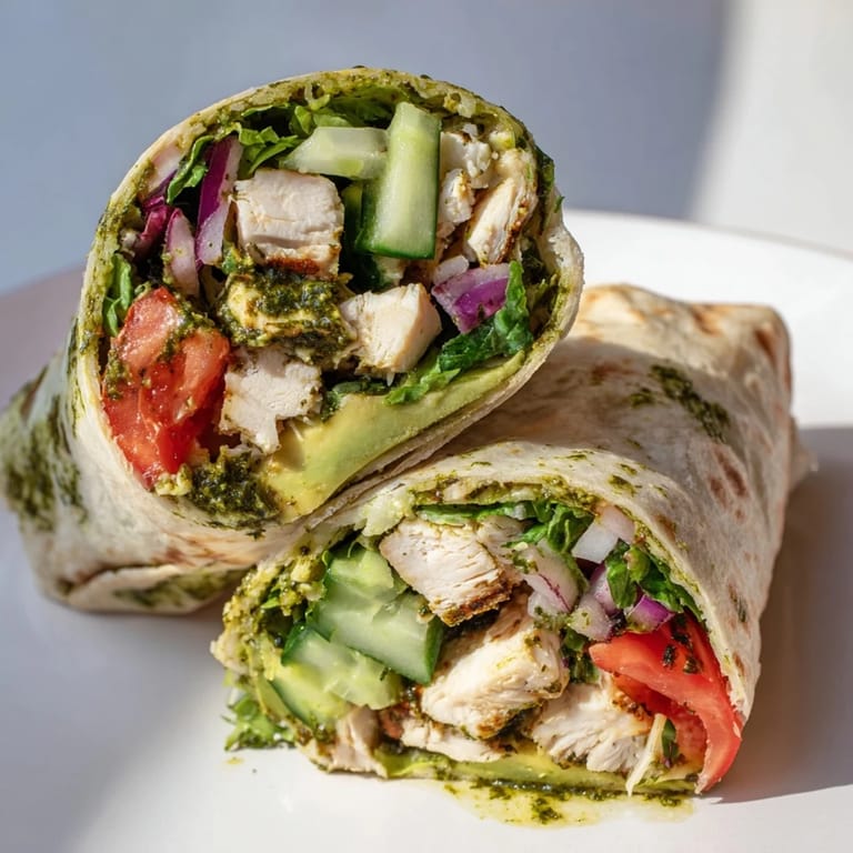 Golden sliced chicken and herbaceous green sauce filling a soft flour tortilla with mixed greens.