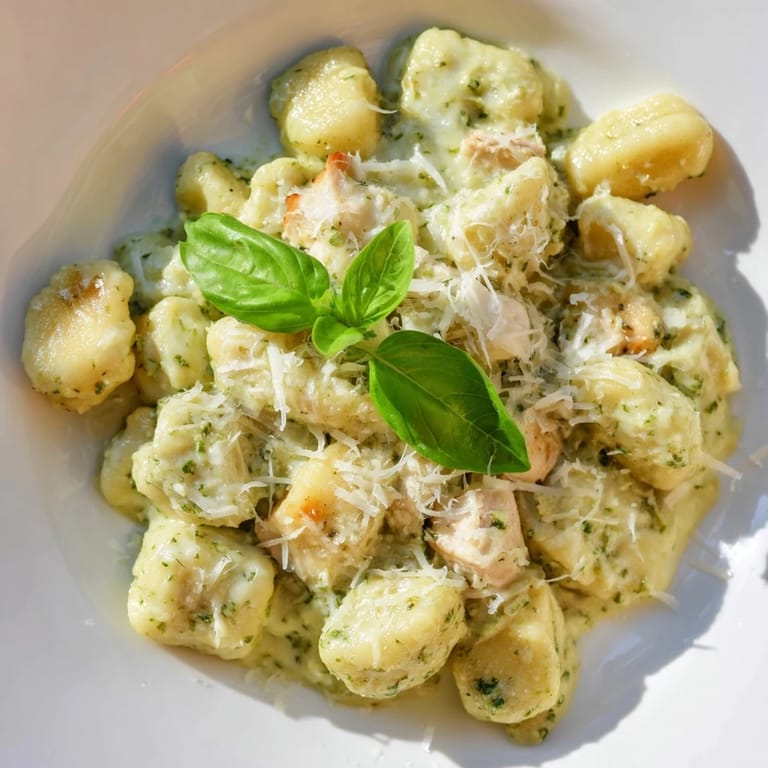 A close-up of juicy chicken and crispy gnocchi coated in rich, velvety pesto cream, ready to be served for dinner.