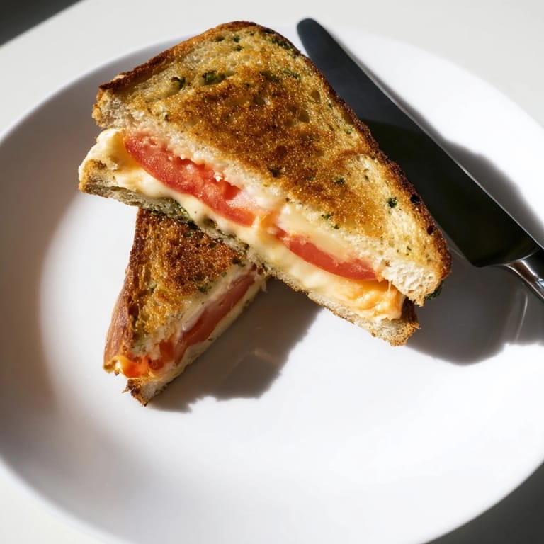 Pepper Jack & Tomato Grilled Cheese served with a side of creamy tomato soup and fresh basil garnish.