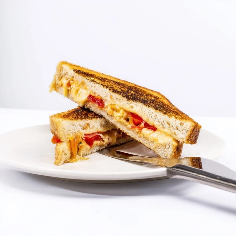A close-up of Pepper Jack & Tomato Grilled Cheese, with gooey cheese and fresh tomato slices steaming.  
