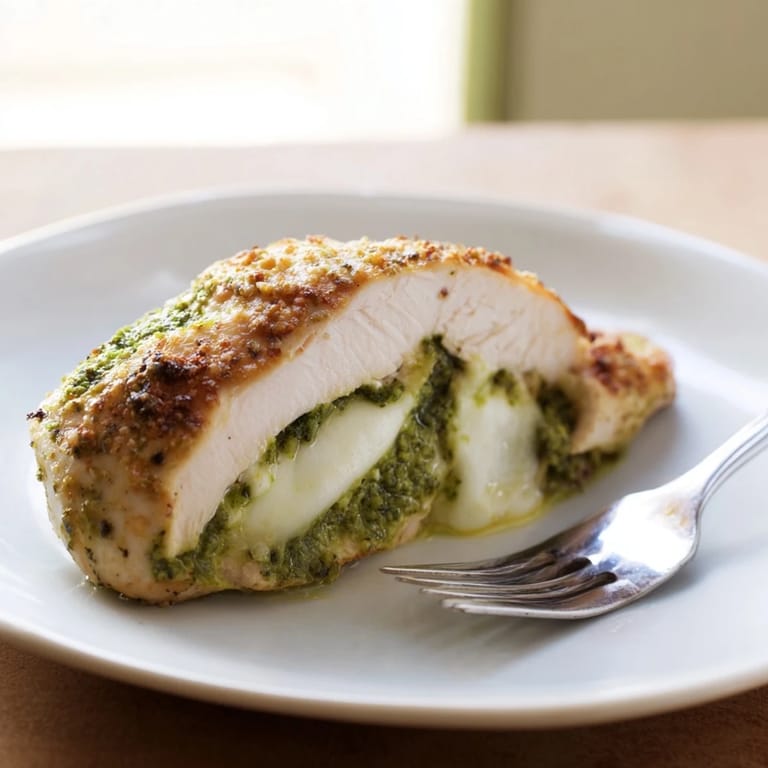 Close-up of Mozzarella & Pesto Stuffed Chicken revealing a juicy interior, vibrant green pesto, and golden Parmesan topping.