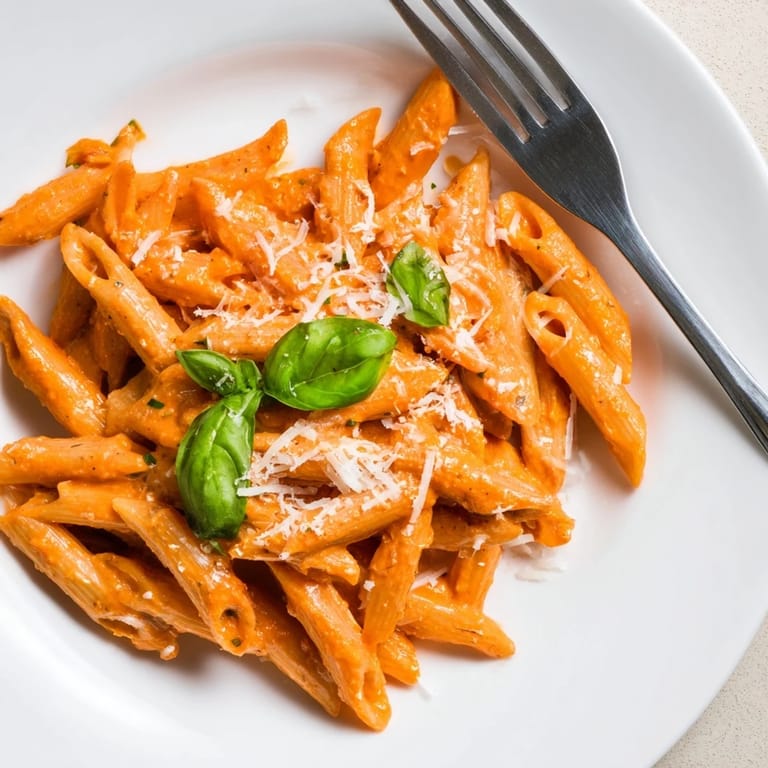 A close-up of creamy roasted red pepper pasta with a velvety orange sauce and chopped fresh basil.