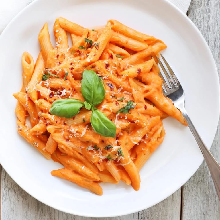 A skillet of freshly tossed Creamy Roasted Red Pepper Pasta garnished with parsley and grated Parmesan.