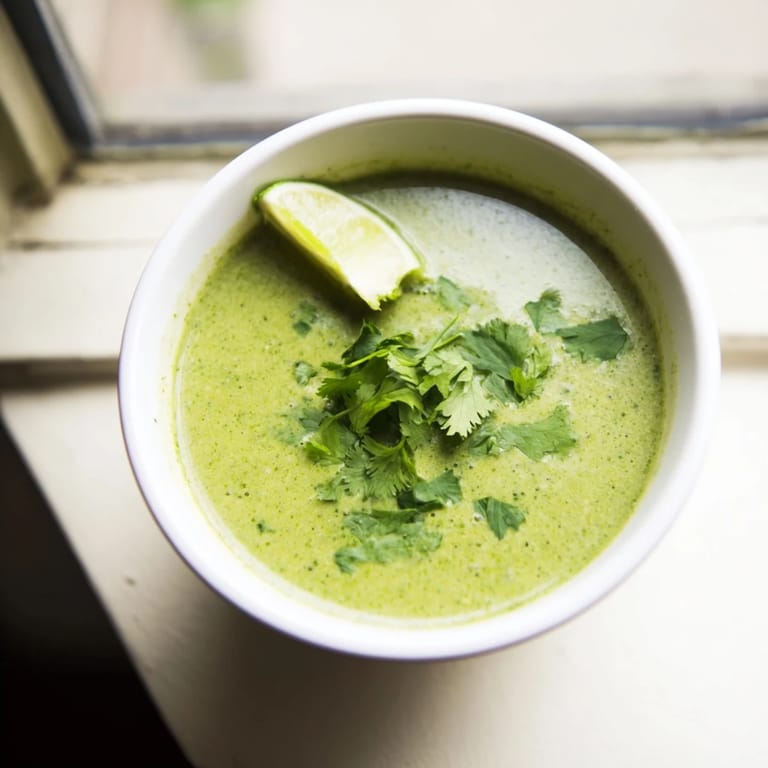 A ladle of Spinach Coriander Lemongrass Soup shows its smooth texture, served with fresh cilantro and lime.