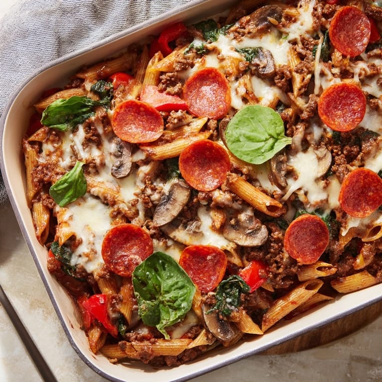 Hearty ground beef, red bell peppers, and mushrooms simmer in rich tomato sauce, baked with whole wheat penne for a family dinner.