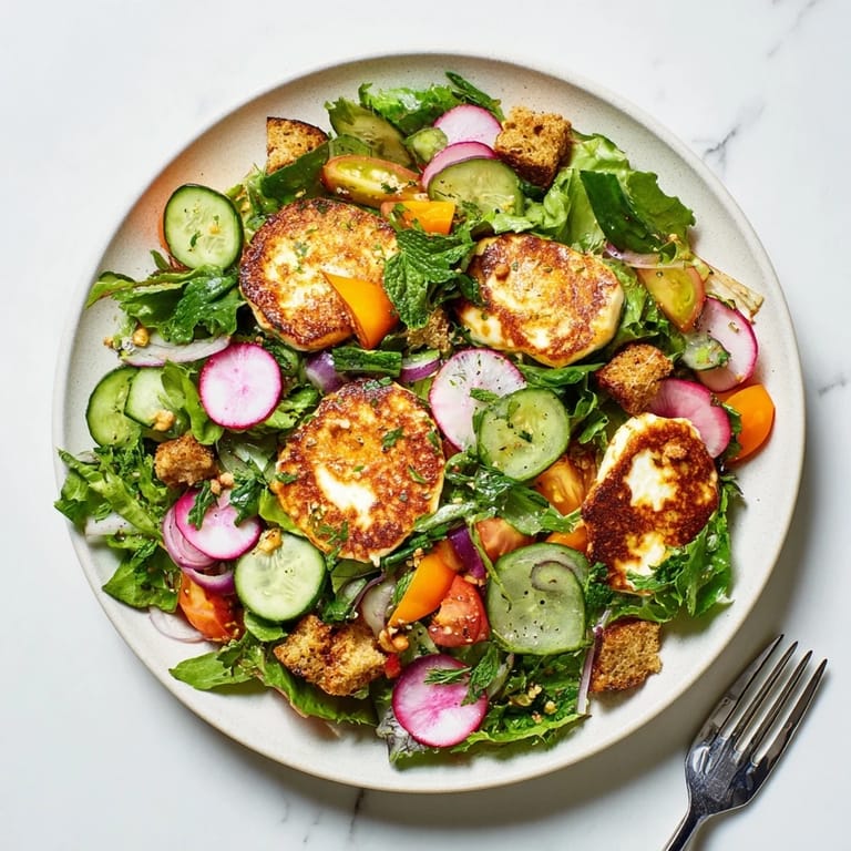 A close-up of Halloumi Blood Orange Fattoush features crispy sourdough croutons, red onion, radish, and a drizzle of sumac vinaigrette.  