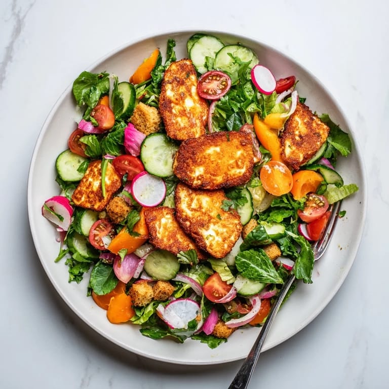 Vibrant Halloumi Blood Orange Fattoush salad served on a platter with fresh mint, arugula, and a zesty pomegranate molasses dressing.