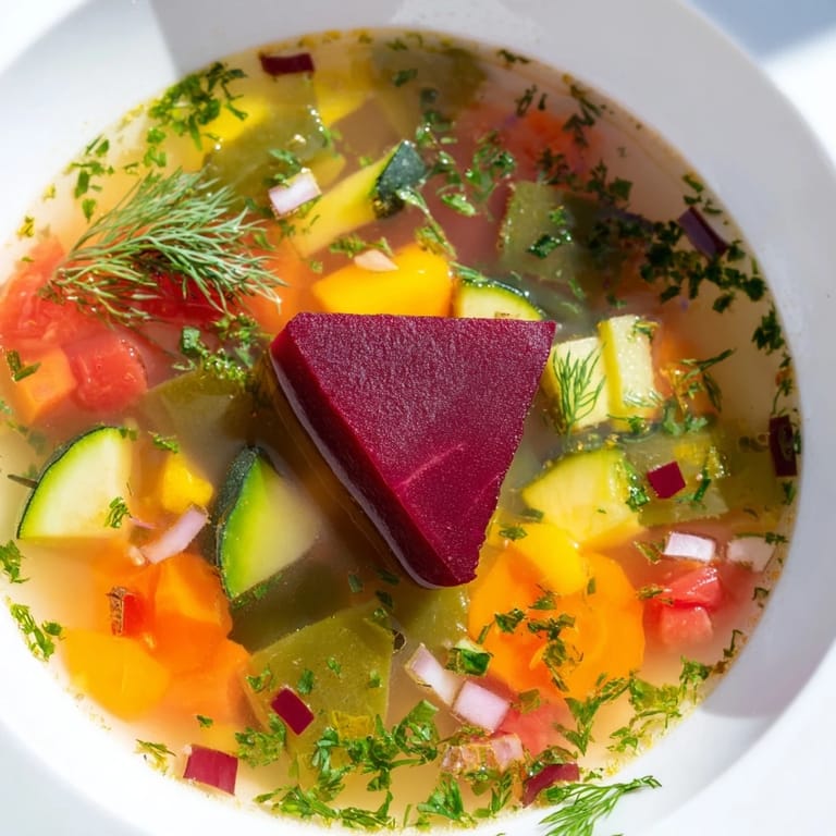 Close-up of steaming Rainbow Vegetable Detox Soup served in a rustic bowl, featuring vibrant vegetables and a lemon wedge.