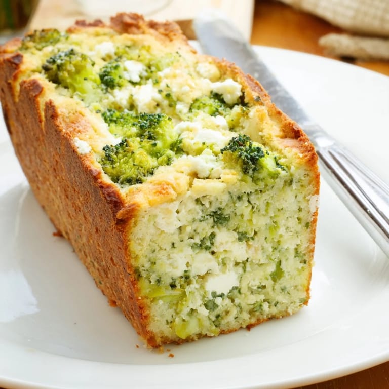 Freshly baked broccoli and feta loaf sliced on a rustic wooden board, revealing tender green florets and creamy crumbles in every slice.