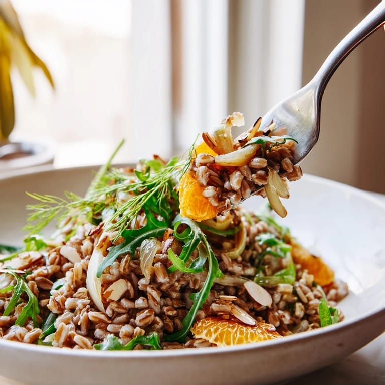 A refreshing Mediterranean Farro Salad with Fennel, Oranges, and Almonds, drizzled in citrus vinaigrette over arugula and crisp fennel.