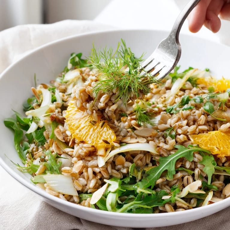 Ready to serve Farro Salad with Fennel, Oranges, and Almonds, garnished with fresh parsley, bright orange slices, and golden toasted almonds.