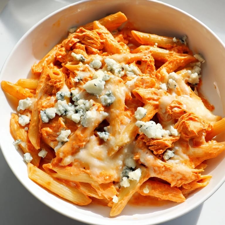 Hearty skillet of buffalo chicken pasta featuring shredded chicken, melty mozzarella, and a smooth, spicy cream sauce ready to serve.  