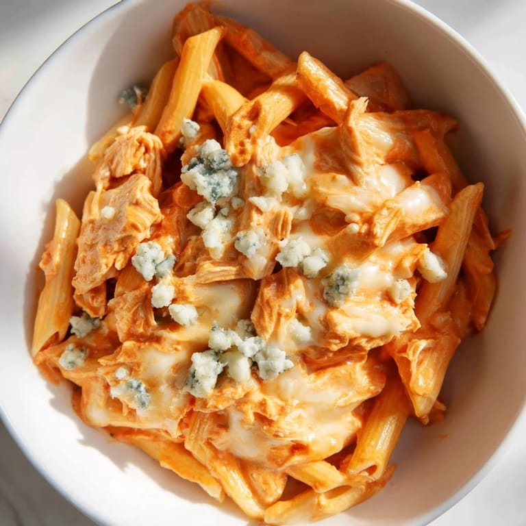 Buffalo chicken pasta dinner plated with al dente rotini, blue cheese garnish, and a side of crisp celery for balance.