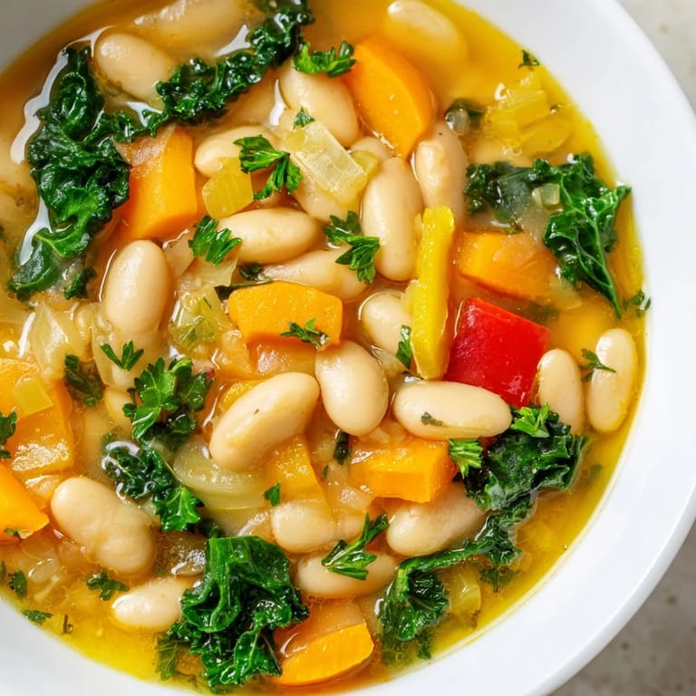 Healthy Mediterranean White Bean Stew featuring tender white beans, kale, and warm spices in a rich broth.
