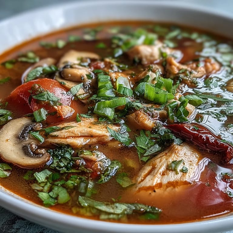 Tom Yum Chicken served in a rustic ceramic bowl garnished with fresh cilantro and sliced spring onions on top.