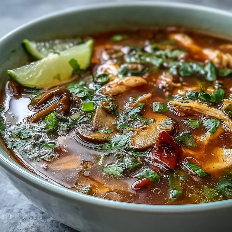 Spicy and sour Tom Yum Chicken soup with vibrant herbs, lime wedges, and crushed chilies for a Thai-inspired meal.