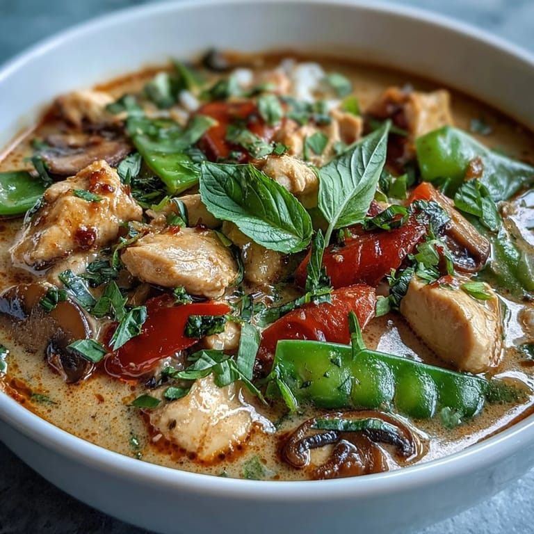 A spoon dips into Thai Chicken Coconut Curry Soup, showcasing vibrant vegetables and coconut milk broth alongside a side of steamed jasmine rice.