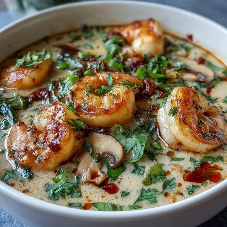 Close-up of a spoon diving into rich Thai Coconut Shrimp Soup, revealing tender shrimp, sliced mushrooms, and aromatic herbs in coconut milk.