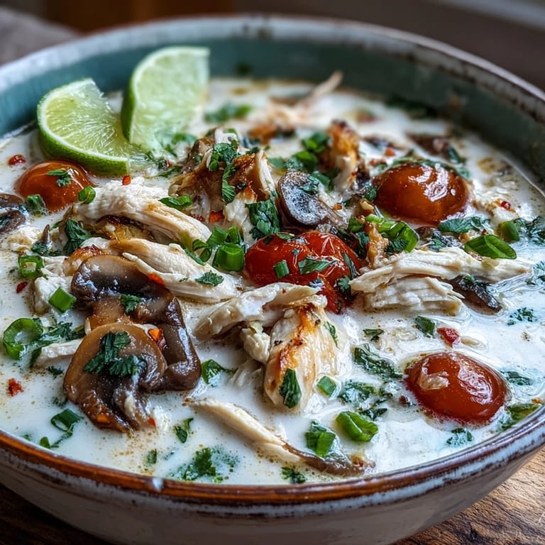 Aromatic Best Ever Tom Kha Gai Soup served in a rustic bowl with a spoon ready for dinner.