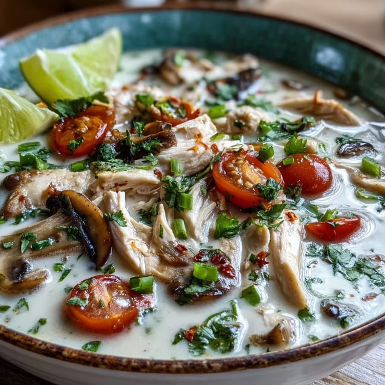 Best Ever Tom Kha Gai Soup garnished with fresh cilantro and lime wedges alongside aromatic Thai chilies.