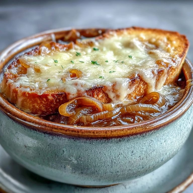 Deeply caramelized yellow onions simmer in rich beef broth for this hearty French Onion Soup, topped with crusty bread and herbs.