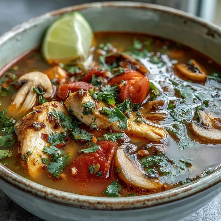 Steaming bowl of Tom Yum Gai garnished with cilantro, lime wedges, and fiery Thai chiles.