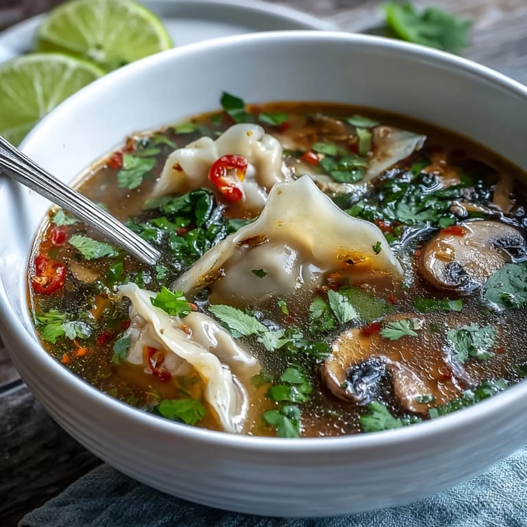 Tom Yum Wonton Soup garnished with fresh cilantro and lime wedges, offering a vibrant, spicy, and tangy Thai-Chinese fusion experience.