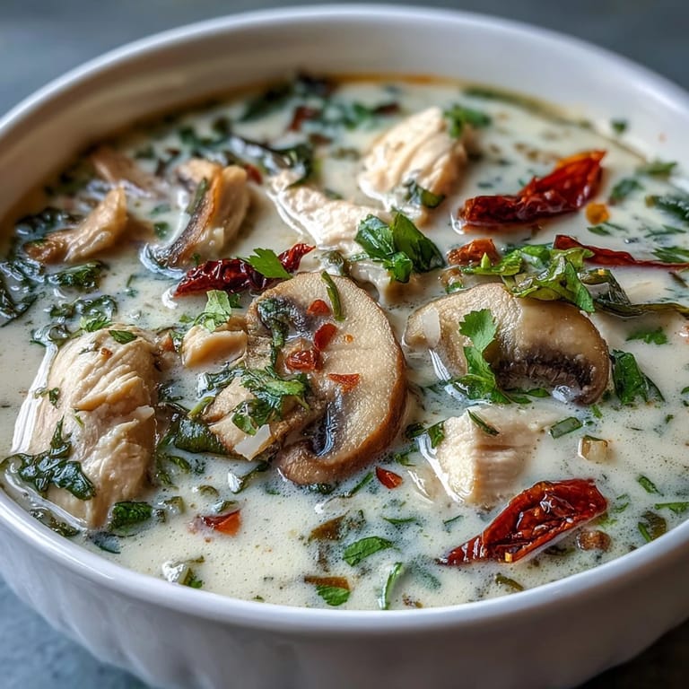 Authentic Tom Kha Gai with a golden coconut broth, garnished with green onions and a spoon ready to serve.