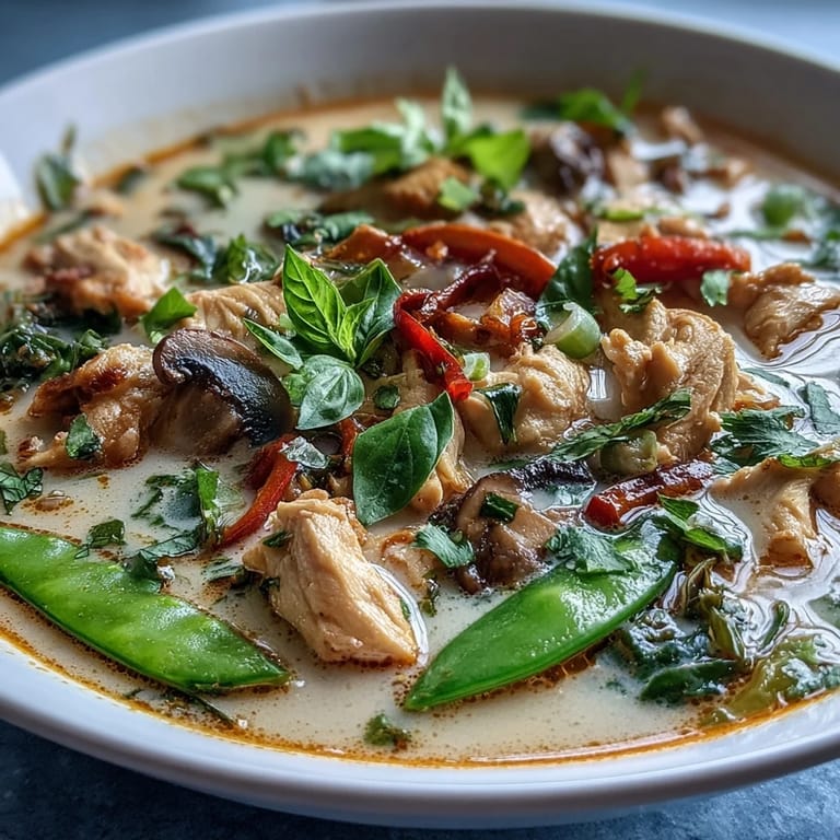 Creamy Thai Chicken Coconut Curry Soup in a rustic bowl, topped with Thai basil, lime wedges, and fresh red chilies for a spicy kick.