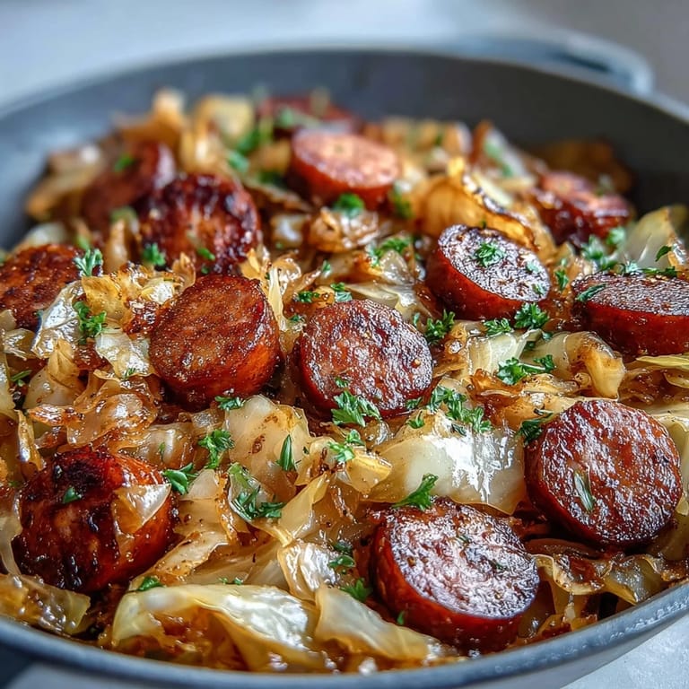 In a rustic skillet, caramelized onions and vibrant red bell peppers mingle with sweet cabbage and hearty smoked sausage for a comforting Southern-inspired dish.