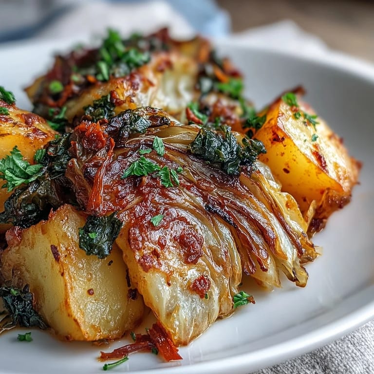 Casserole dish of braised cabbage with potatoes and chili served warm beside lemon wedges and crusty bread.