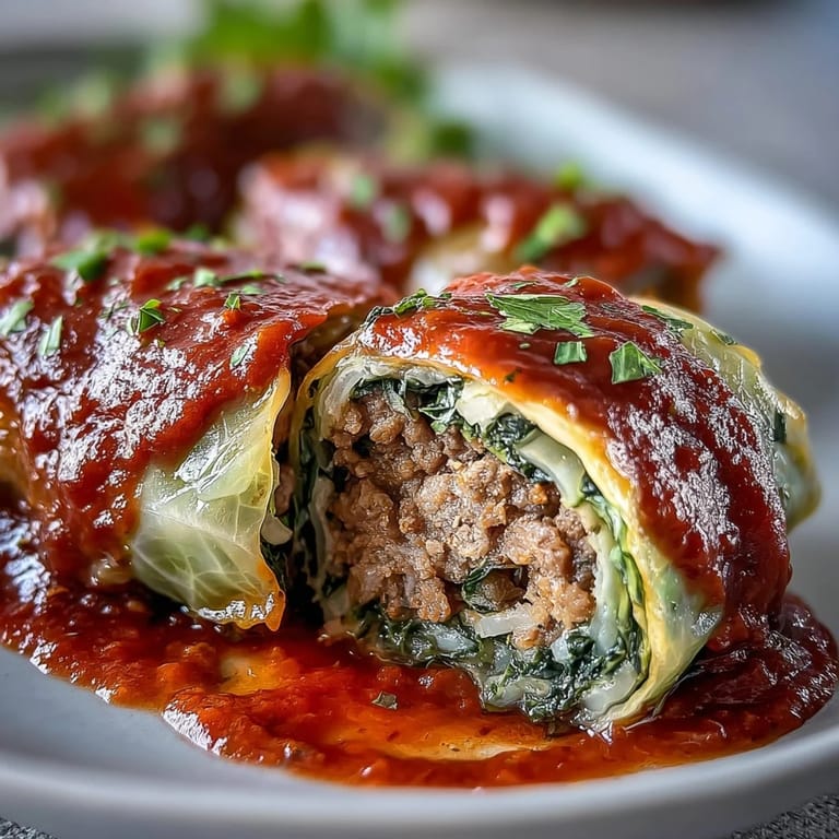 Soft cabbage leaves stuffed with meat and rice, nestled in a hearty tomato sauce in a white baking dish.