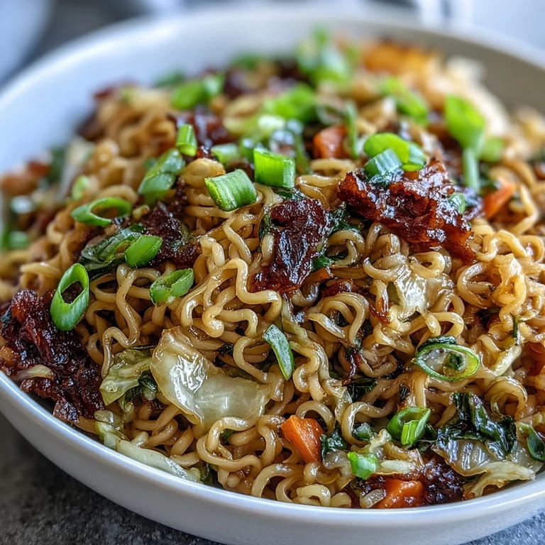 A close-up of Fried Cabbage Ramen with glistening noodles, topped with sesame seeds and a drizzle of sauce.