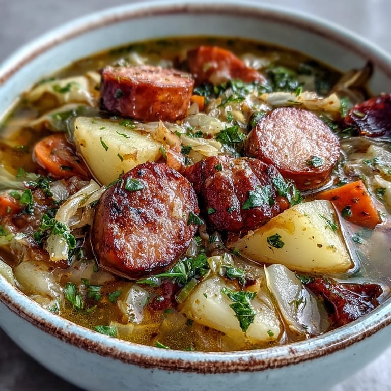 A rustic bowl of Sausage, Potato and Cabbage Soup, ready to serve with crusty bread.