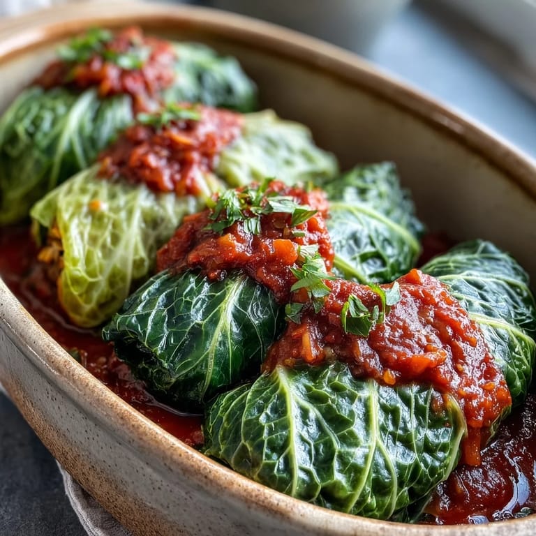 Hearty Baked Vegan Cabbage Rolls bubbling with tomato sauce, ready to be served with crusty bread for dipping.